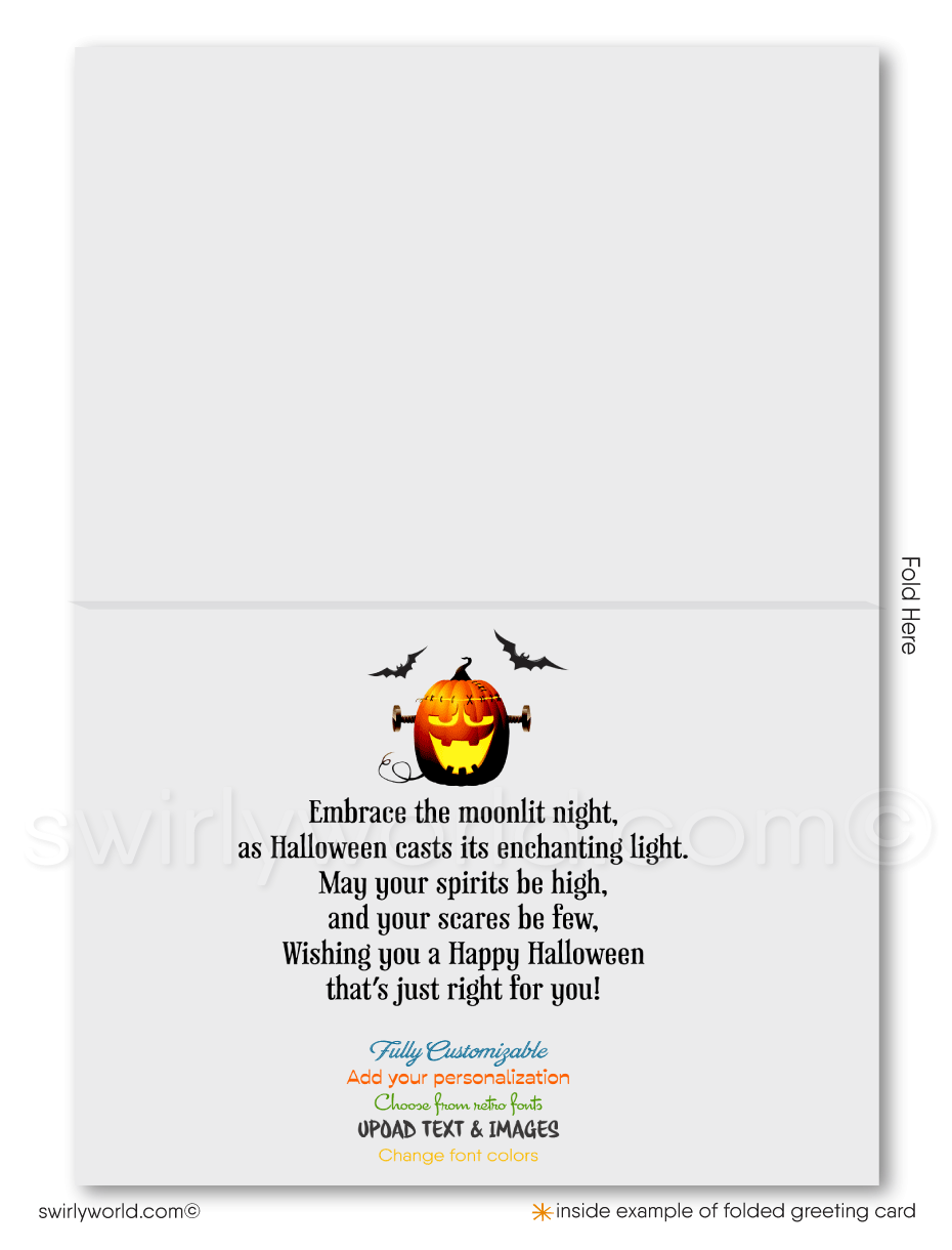 Captivate your clients with Swirly World's Hauntingly Enchanting Digital Halloween Greeting Card. Featuring a spooky mansion, glowing Jack-o'-lanterns, and a bat against a midnight blue sky, this digital download is perfect for sending warm and spooky Halloween wishes. Printed versions available too!