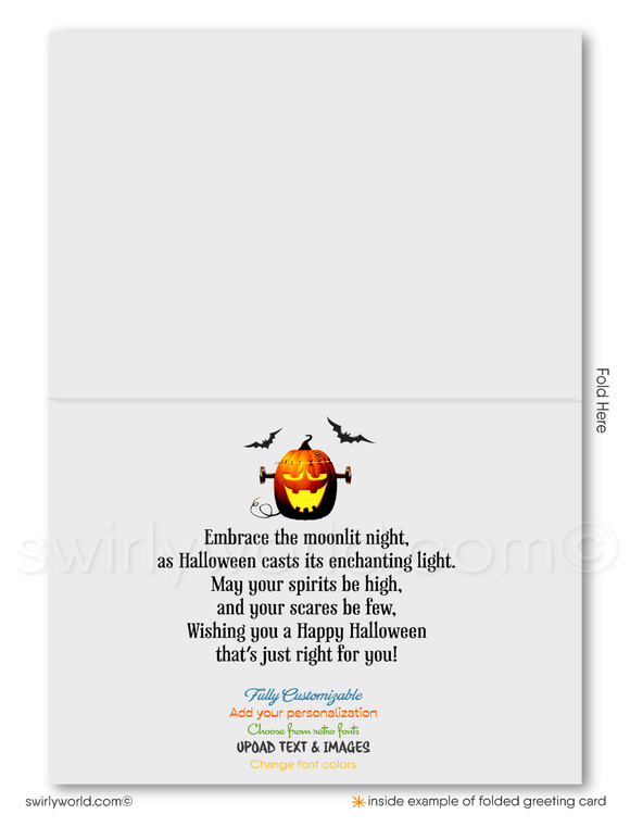Captivate your clients with Swirly World's Hauntingly Enchanting Digital Halloween Greeting Card. Featuring a spooky mansion, glowing Jack-o'-lanterns, and a bat against a midnight blue sky, this digital download is perfect for sending warm and spooky Halloween wishes. Printed versions available too!