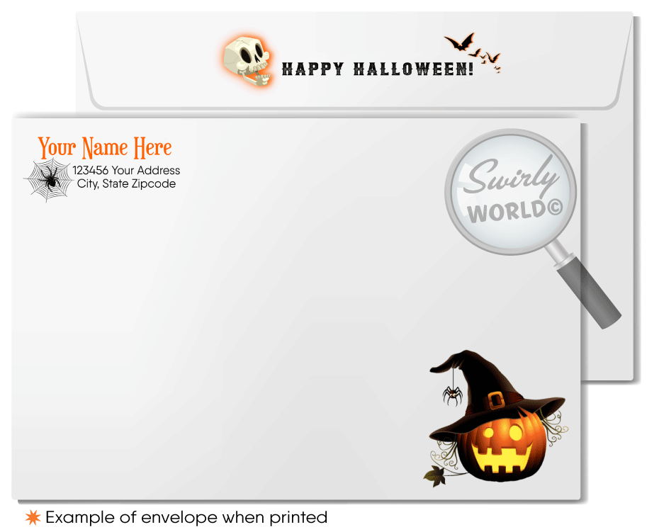 Enchant your clients with Swirly World's Haunting Midnight Mansion Halloween Greeting Card. Featuring a spooky mansion, glowing Jack-o'-lanterns, and a bat against a midnight blue sky, this premium cardstock card is perfect for sharing Halloween magic. Customizable envelopes available for a personal touch!