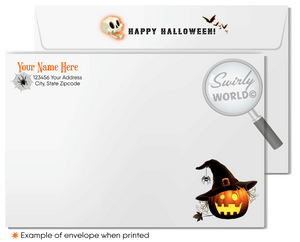 Enchant your clients with Swirly World's Haunting Midnight Mansion Halloween Greeting Card. Featuring a spooky mansion, glowing Jack-o'-lanterns, and a bat against a midnight blue sky, this premium cardstock card is perfect for sharing Halloween magic. Customizable envelopes available for a personal touch!
