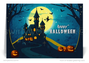 Enchant your clients with Swirly World's Haunting Midnight Mansion Halloween Greeting Card. Featuring a spooky mansion, glowing Jack-o'-lanterns, and a bat against a midnight blue sky, this premium cardstock card is perfect for sharing Halloween magic. Customizable envelopes available for a personal touch!