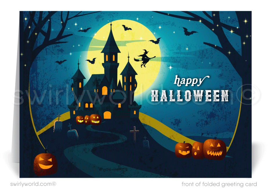 Captivate your clients with Swirly World's Hauntingly Enchanting Digital Halloween Greeting Card. Featuring a spooky mansion, glowing Jack-o'-lanterns, and a bat against a midnight blue sky, this digital download is perfect for sending warm and spooky Halloween wishes. Printed versions available too!