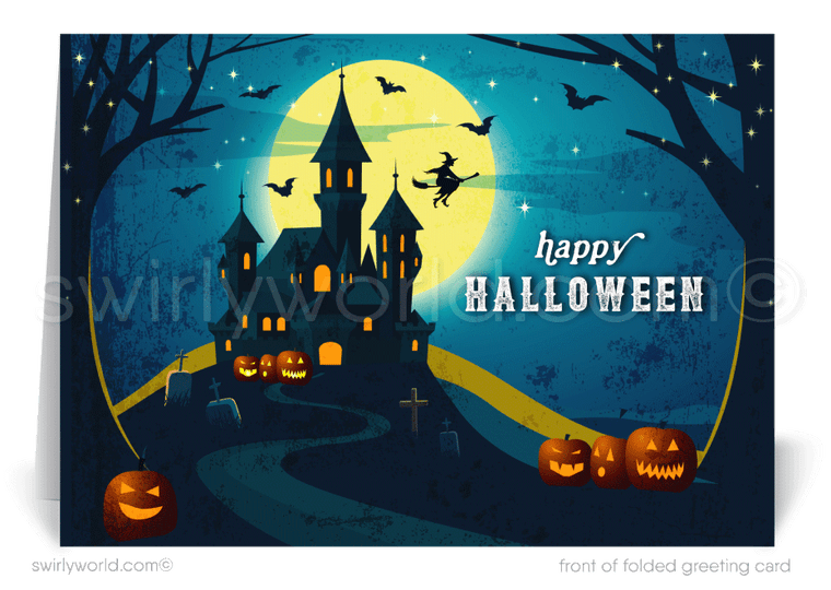 Captivate your clients with Swirly World's Hauntingly Enchanting Digital Halloween Greeting Card. Featuring a spooky mansion, glowing Jack-o'-lanterns, and a bat against a midnight blue sky, this digital download is perfect for sending warm and spooky Halloween wishes. Printed versions available too!