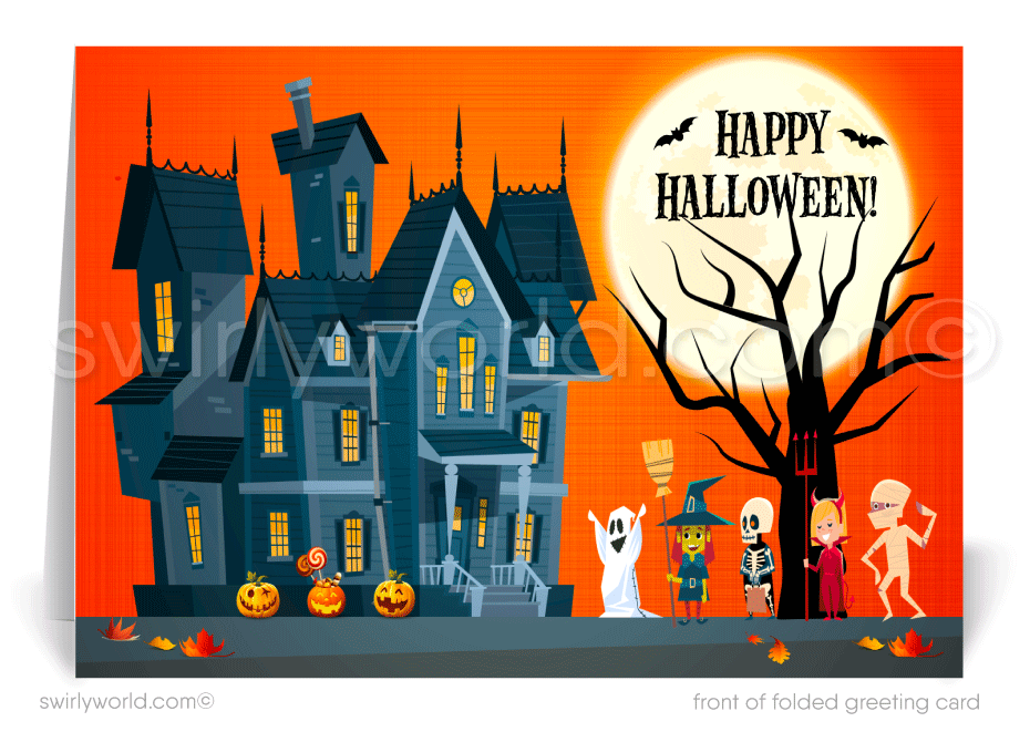 Enchant your clients with Swirly World's Whimsical Haunted House Halloween Greeting Card. Featuring trick-or-treaters and a moonlit backdrop, this card is perfect for expressing Halloween wishes and strengthening business connections. Available as flat or folded cards with customizable envelopes.