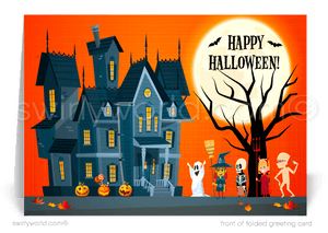 Enchant your clients with Swirly World's Whimsical Haunted House Halloween Greeting Card. Featuring trick-or-treaters and a moonlit backdrop, this card is perfect for expressing Halloween wishes and strengthening business connections. Available as flat or folded cards with customizable envelopes.