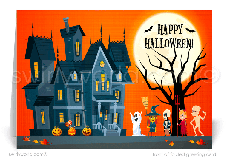  Enchant your clients with Swirly World's Whimsical Haunted House Digital Halloween Greeting Card. Featuring trick-or-treaters and a moonlit backdrop, this unique design is perfect for sending warm Halloween wishes and strengthening business connections. Printed versions available too!