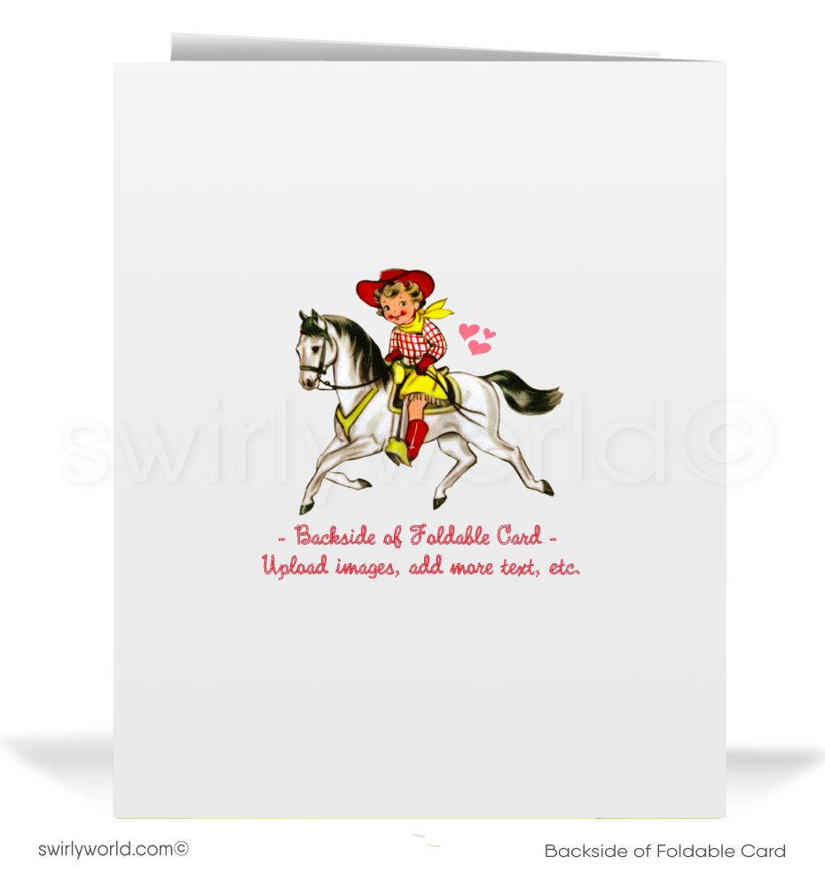 Vintage 1950s-Style Cowgirl Valentine’s Day Card – Retro Pony Design with Starbursts and "Just Trotting By Your Way" Message