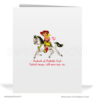 Vintage 1950s-Style Cowgirl Valentine’s Day Card – Retro Pony Design with Starbursts and "Just Trotting By Your Way" Message