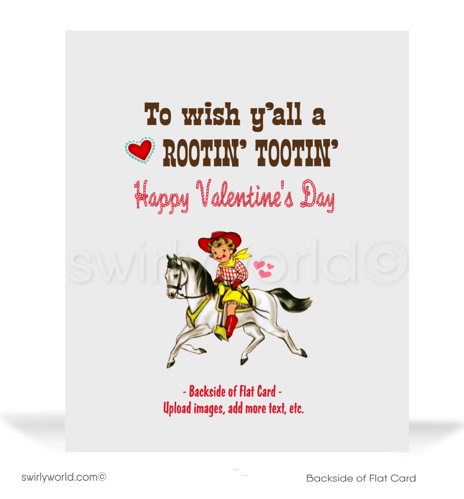 Vintage 1950s-Style Cowgirl Valentine’s Day Card – Retro Pony Design with Starbursts and "Just Trotting By Your Way" Message