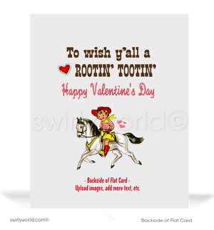 Vintage 1950s-Style Cowgirl Valentine’s Day Card – Retro Pony Design with Starbursts and "Just Trotting By Your Way" Message