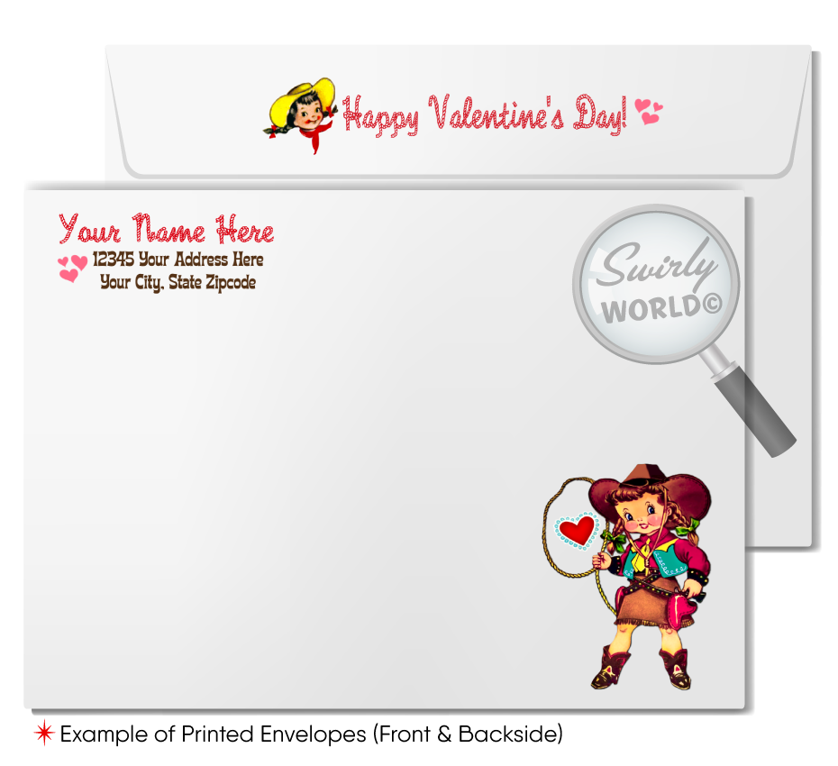 Vintage 1950s-Style Cowgirl Valentine’s Day Card – Retro Pony Design with Starbursts and "Just Trotting By Your Way" Message