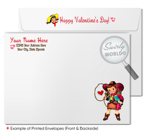 Vintage 1950s-Style Cowgirl Valentine’s Day Card – Retro Pony Design with Starbursts and "Just Trotting By Your Way" Message