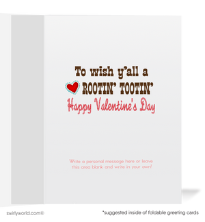 Vintage 1950s-Style Cowgirl Valentine’s Day Card – Retro Pony Design with Starbursts and "Just Trotting By Your Way" Message