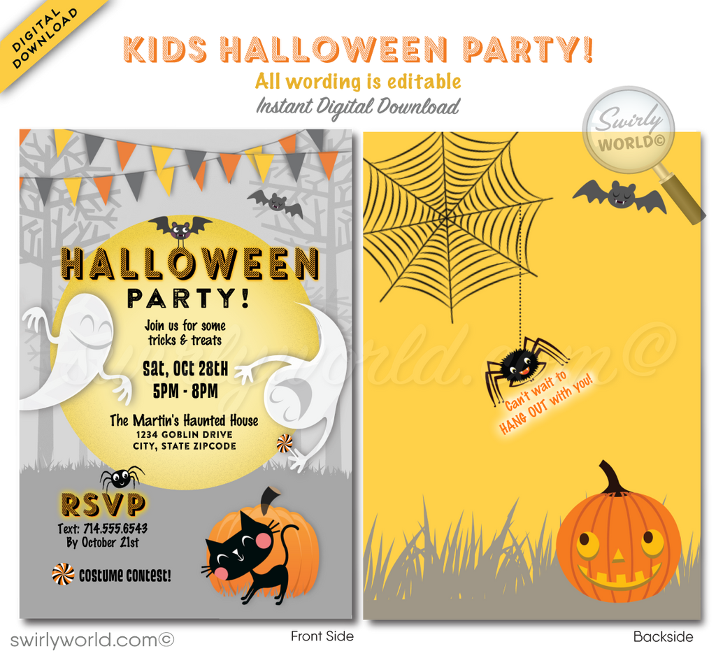 Make your child’s Halloween unforgettable with Swirly World's kid-friendly Costume Party invitations! Featuring whimsical fonts, bunting, cheerful ghosts, and a playful black cat, this charming design is perfect for a non-scary celebration. Easily customize and download to print, text, email, or send as an Evite.