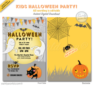 Make your child’s Halloween unforgettable with Swirly World's kid-friendly Costume Party invitations! Featuring whimsical fonts, bunting, cheerful ghosts, and a playful black cat, this charming design is perfect for a non-scary celebration. Easily customize and download to print, text, email, or send as an Evite.