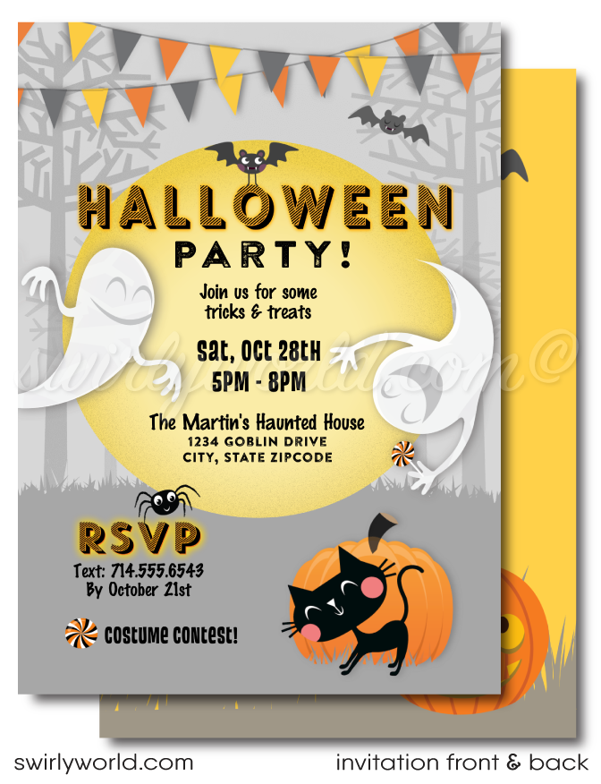 Make your child’s Halloween unforgettable with Swirly World's kid-friendly Costume Party invitations! Featuring whimsical fonts, bunting, cheerful ghosts, and a playful black cat, this charming design is perfect for a non-scary celebration. Easily customize and download to print, text, email, or send as an Evite.