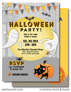Make your child’s Halloween unforgettable with Swirly World's kid-friendly Costume Party invitations! Featuring whimsical fonts, bunting, cheerful ghosts, and a playful black cat, this charming design is perfect for a non-scary celebration. Easily customize and download to print, text, email, or send as an Evite.