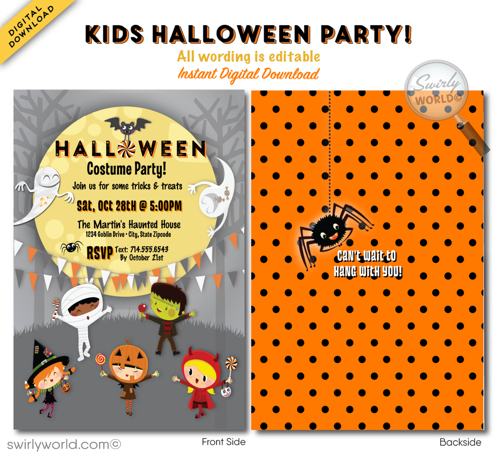 Create a magical Halloween celebration with Swirly World's kid-friendly Retro Halloween Costume Party Invitation. Featuring playful ghosts, trick-or-treaters, and festive bunting under a spooky moon, this editable digital download is perfect for sharing via print, text, email, or Evite.