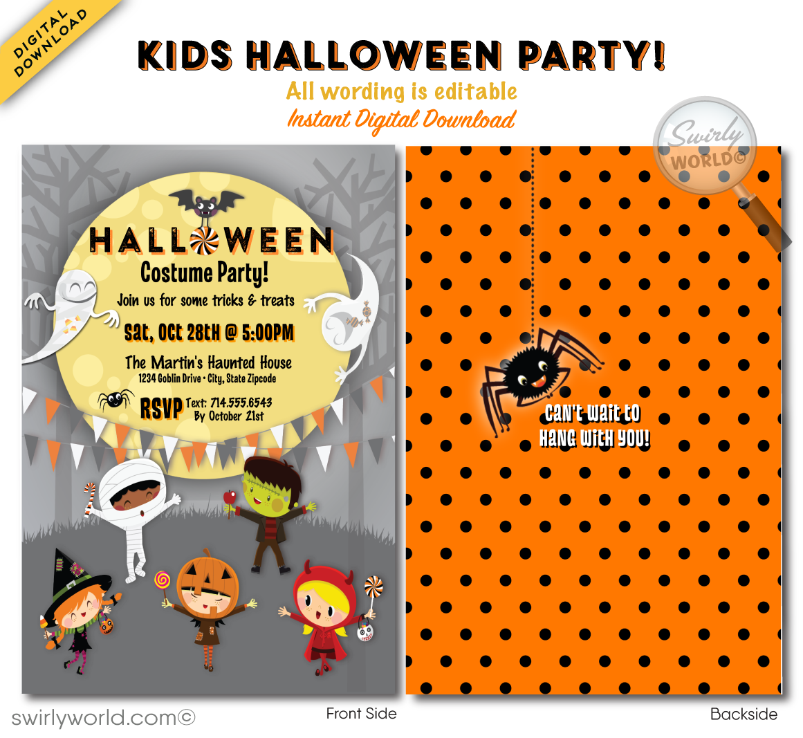 Create a magical Halloween celebration with Swirly World's kid-friendly Retro Halloween Costume Party Invitation. Featuring playful ghosts, trick-or-treaters, and festive bunting under a spooky moon, this editable digital download is perfect for sharing via print, text, email, or Evite.