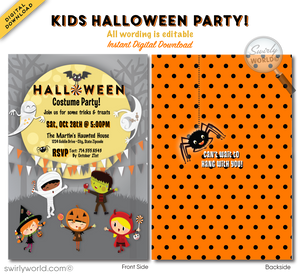 Create a magical Halloween celebration with Swirly World's kid-friendly Retro Halloween Costume Party Invitation. Featuring playful ghosts, trick-or-treaters, and festive bunting under a spooky moon, this editable digital download is perfect for sharing via print, text, email, or Evite.