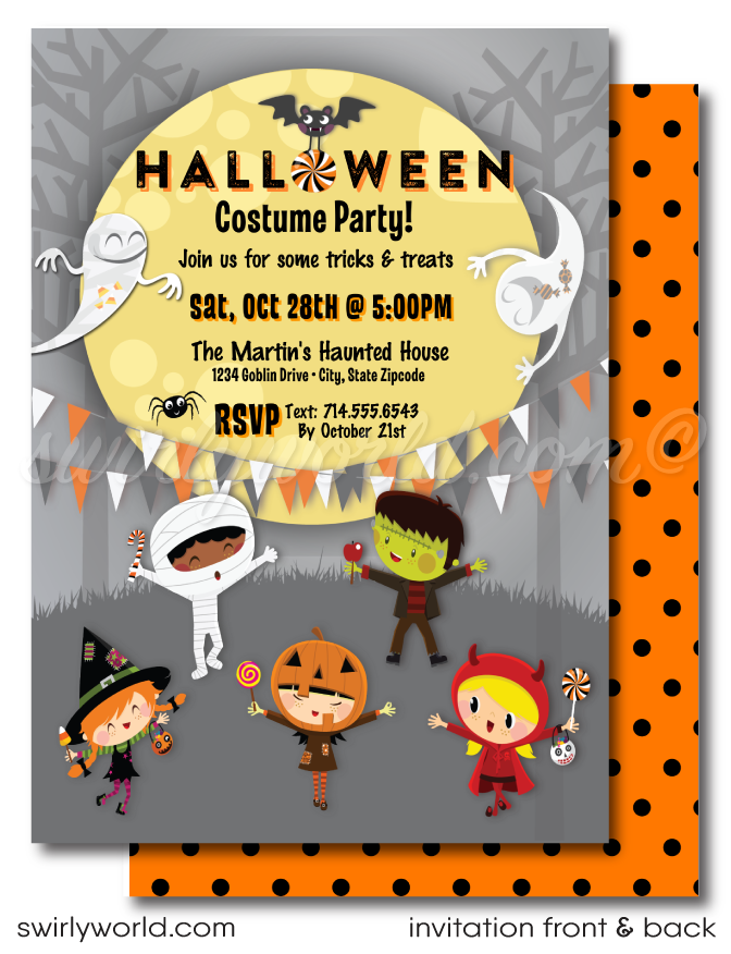 Create a magical Halloween celebration with Swirly World's kid-friendly Retro Halloween Costume Party Invitation. Featuring playful ghosts, trick-or-treaters, and festive bunting under a spooky moon, this editable digital download is perfect for sharing via print, text, email, or Evite.