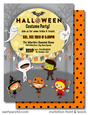 Create a magical Halloween celebration with Swirly World's kid-friendly Retro Halloween Costume Party Invitation. Featuring playful ghosts, trick-or-treaters, and festive bunting under a spooky moon, this editable digital download is perfect for sharing via print, text, email, or Evite.