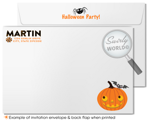 Make your child's Halloween party unforgettable with Swirly World's Retro Halloween Costume Party Invitations. Featuring playful ghosts, trick-or-treaters, and festive bunting under a full moon, these printed invites and matching envelopes set the perfect tone for a fun, non-scary celebration.