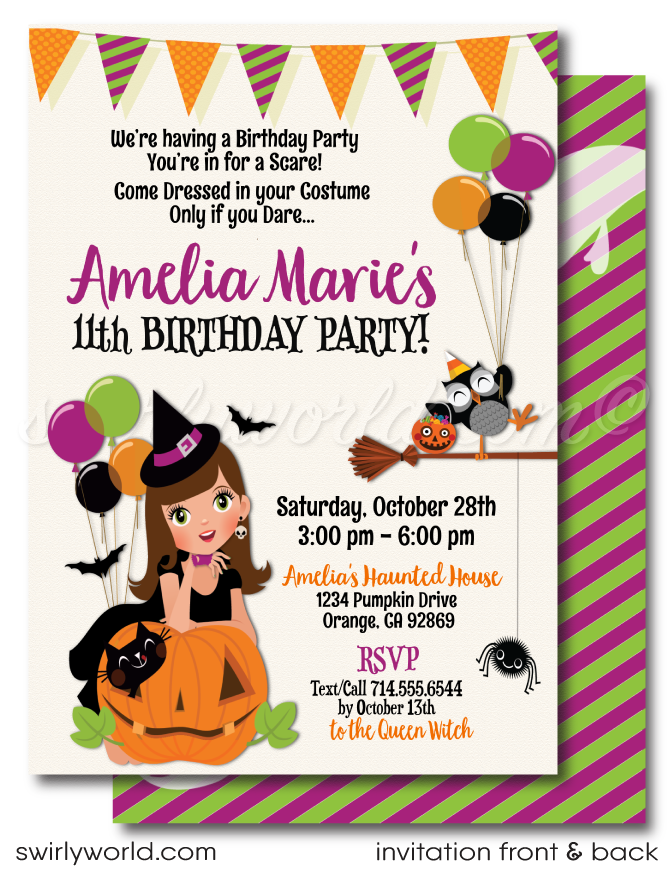 Child-Friendly Cute Little Witch Kid Halloween Birthday Invitation Digital Printable Download