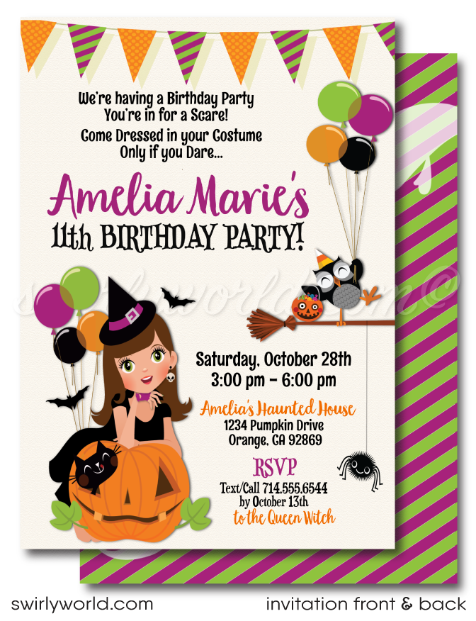  Host a magical Halloween birthday with Swirly World's Little Witch Invitation! Featuring an adorable witch, playful kitty, and customizable avatars, this digital download is perfect for a personalized celebration. Easily edit and share via print, text, email, or Evite for a memorable party!