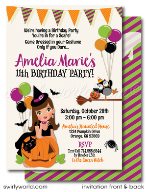  Host a magical Halloween birthday with Swirly World's Little Witch Invitation! Featuring an adorable witch, playful kitty, and customizable avatars, this digital download is perfect for a personalized celebration. Easily edit and share via print, text, email, or Evite for a memorable party!