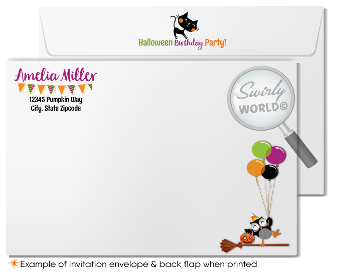 Child-Friendly Cute Little Witch Kid Girl Halloween Birthday Printed Invitations & Envelopes