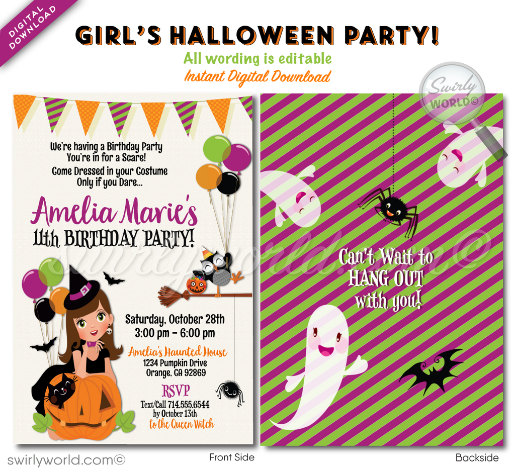  Host a magical Halloween birthday with Swirly World's Little Witch Invitation! Featuring an adorable witch, playful kitty, and customizable avatars, this digital download is perfect for a personalized celebration. Easily edit and share via print, text, email, or Evite for a memorable party!