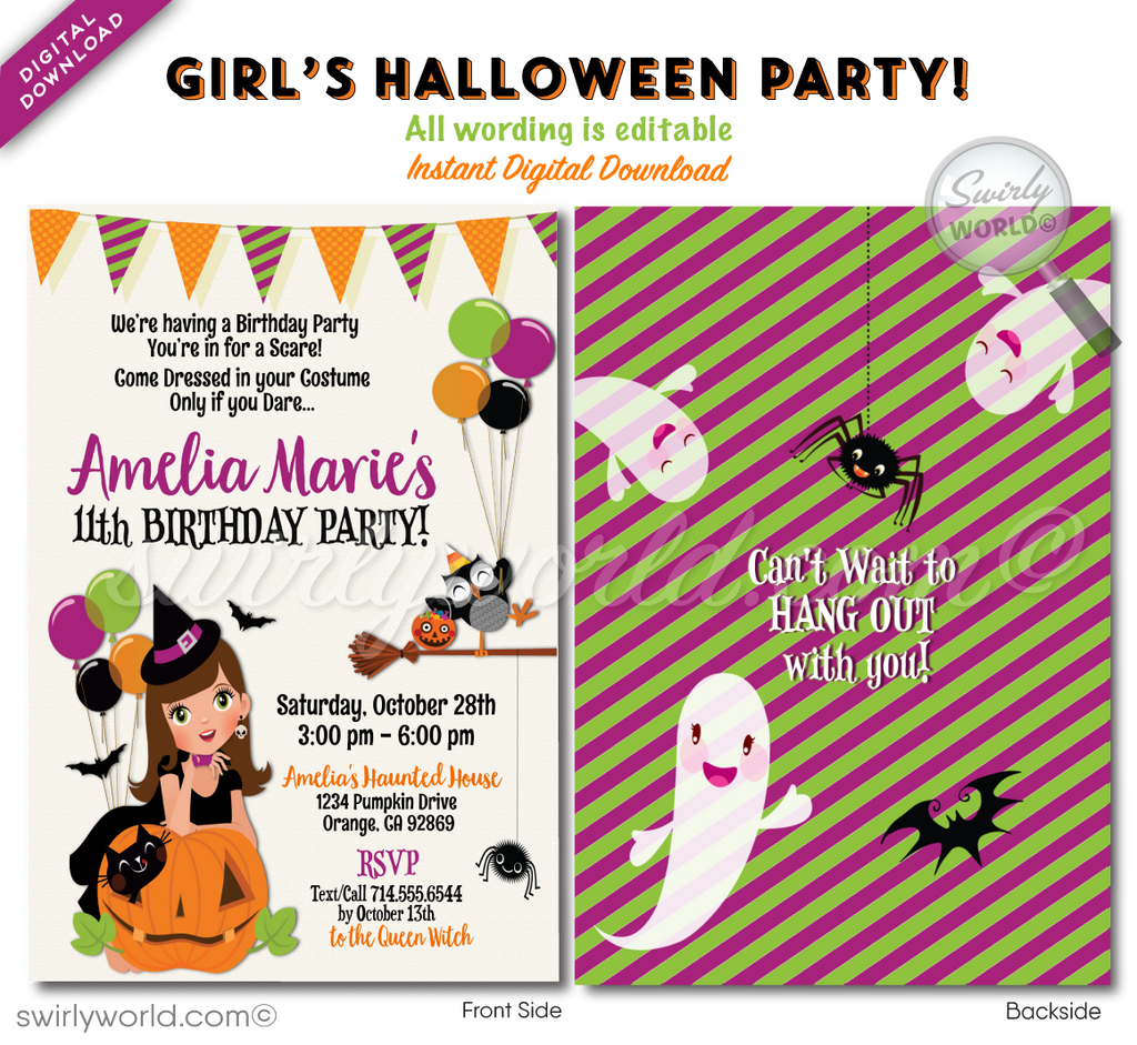 Child-Friendly Cute Little Witch Kid Halloween Birthday Invitation Digital Printable Download
