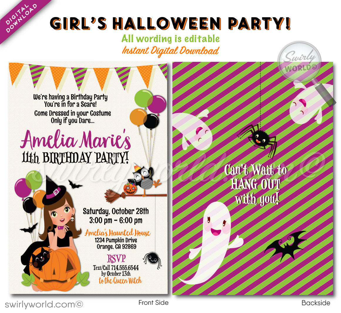  Host a magical Halloween birthday with Swirly World's Little Witch Invitation! Featuring an adorable witch, playful kitty, and customizable avatars, this digital download is perfect for a personalized celebration. Easily edit and share via print, text, email, or Evite for a memorable party!