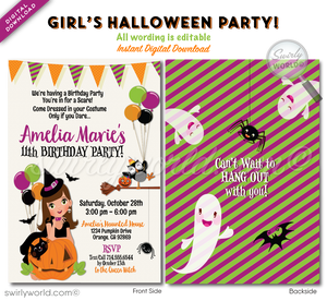  Host a magical Halloween birthday with Swirly World's Little Witch Invitation! Featuring an adorable witch, playful kitty, and customizable avatars, this digital download is perfect for a personalized celebration. Easily edit and share via print, text, email, or Evite for a memorable party!