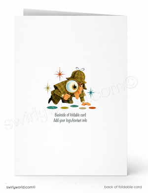 Illustrated card with a character in a trench coat and hat, surrounded by colorful circles on a white background.
