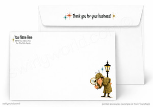 Envelopes with a cartoon detective holding a magnifying glass, suitable for business use.