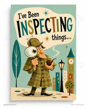 Illustration of a detective with a magnifying glass and pipe, holding a speech bubble with text, on a cityscape background.