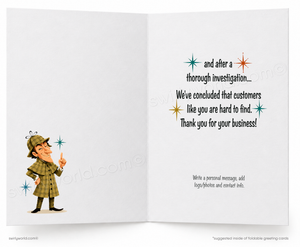 Open card with a cartoon detective and text on a white background