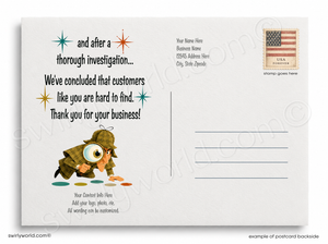 Vintage-style postcard with cartoon detective and text on a white background
