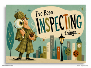 Illustration of a detective with a magnifying glass and a pipe, set against a cityscape background.