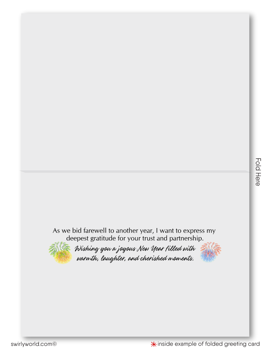 Celebrate with charm! Our Realtor Happy New Year Cards feature festive homes, fireworks, and customizable space for your logo, perfect for branding and connections.