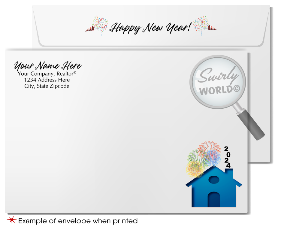 Realtor Happy New Year Greeting Cards with Festive Homes, Fireworks, Custom Logo Space on Signpost