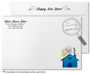 Realtor Happy New Year Greeting Cards with Festive Homes, Fireworks, Custom Logo Space on Signpost