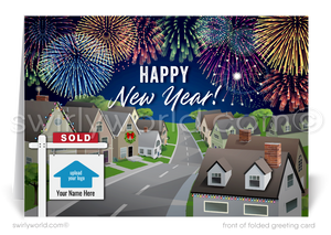 Celebrate with charm! Our Realtor Happy New Year Cards feature festive homes, fireworks, and customizable space for your logo, perfect for branding and connections.