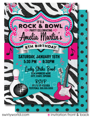 Step into the spotlight with our Rock and Bowl Kaoroke Birthday Party Invitation and Thank You Card Digital Download! These vibrant and stylish designs are tailor-made for tween girls who love bowling and rock 'n' roll music. Featuring a striking color palette of hot pink, teal blue, silver, and black