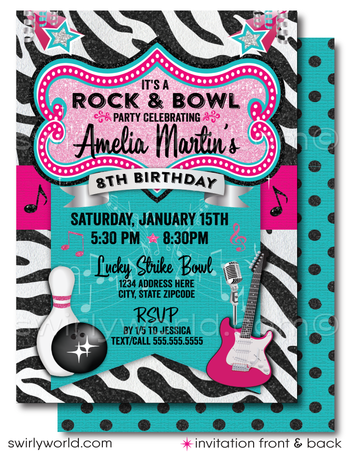 Step into the spotlight with our Rock and Bowl Kaoroke Birthday Party Invitation and Thank You Card Digital Download! These vibrant and stylish designs are tailor-made for tween girls who love bowling and rock 'n' roll music. Featuring a striking color palette of hot pink, teal blue, silver, and black