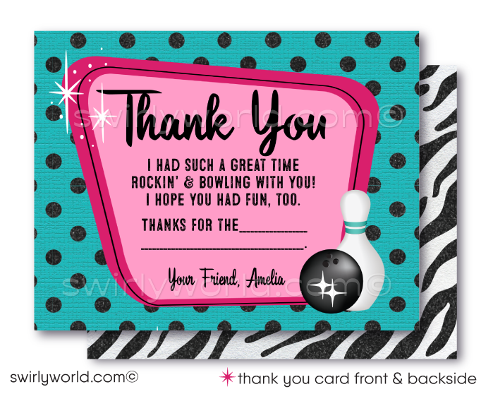 Step into the spotlight with our Rock and Bowl Kaoroke Birthday Party Invitation and Thank You Card Digital Download! These vibrant and stylish designs are tailor-made for tween girls who love bowling and rock 'n' roll music. Featuring a striking color palette of hot pink, teal blue, silver, and black