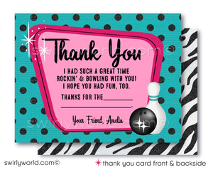 Step into the spotlight with our Rock and Bowl Kaoroke Birthday Party Invitation and Thank You Card Digital Download! These vibrant and stylish designs are tailor-made for tween girls who love bowling and rock 'n' roll music. Featuring a striking color palette of hot pink, teal blue, silver, and black