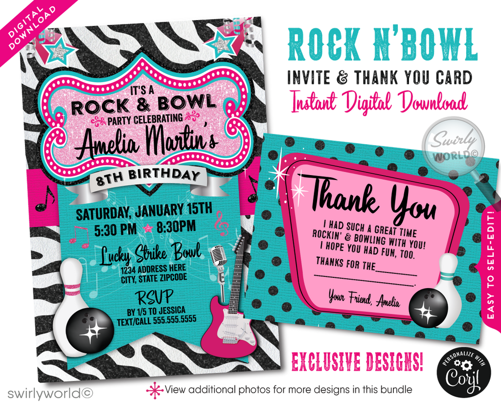 Step into the spotlight with our Rock and Bowl Kaoroke Birthday Party Invitation and Thank You Card Digital Download! These vibrant and stylish designs are tailor-made for tween girls who love bowling and rock 'n' roll music. Featuring a striking color palette of hot pink, teal blue, silver, and black